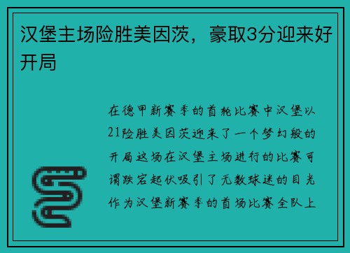 汉堡主场险胜美因茨，豪取3分迎来好开局