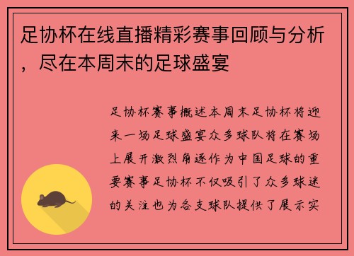 足协杯在线直播精彩赛事回顾与分析，尽在本周末的足球盛宴